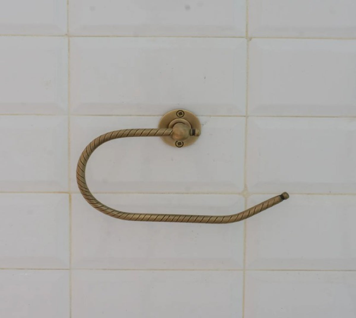 Engraved brass toilet paper holder, handcrafted bathroom hardware that patinas