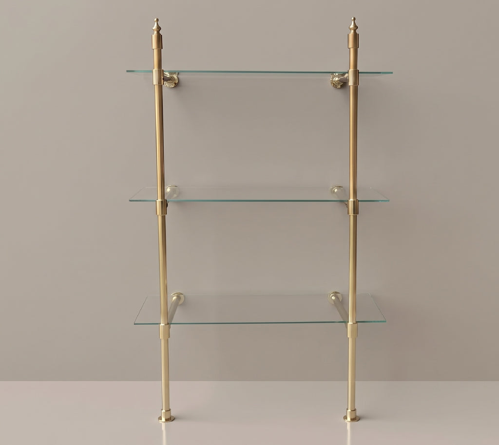 Solid Brass Shelf with Glass Shelves | 3-Tier Floor-Mounted Storage Rack