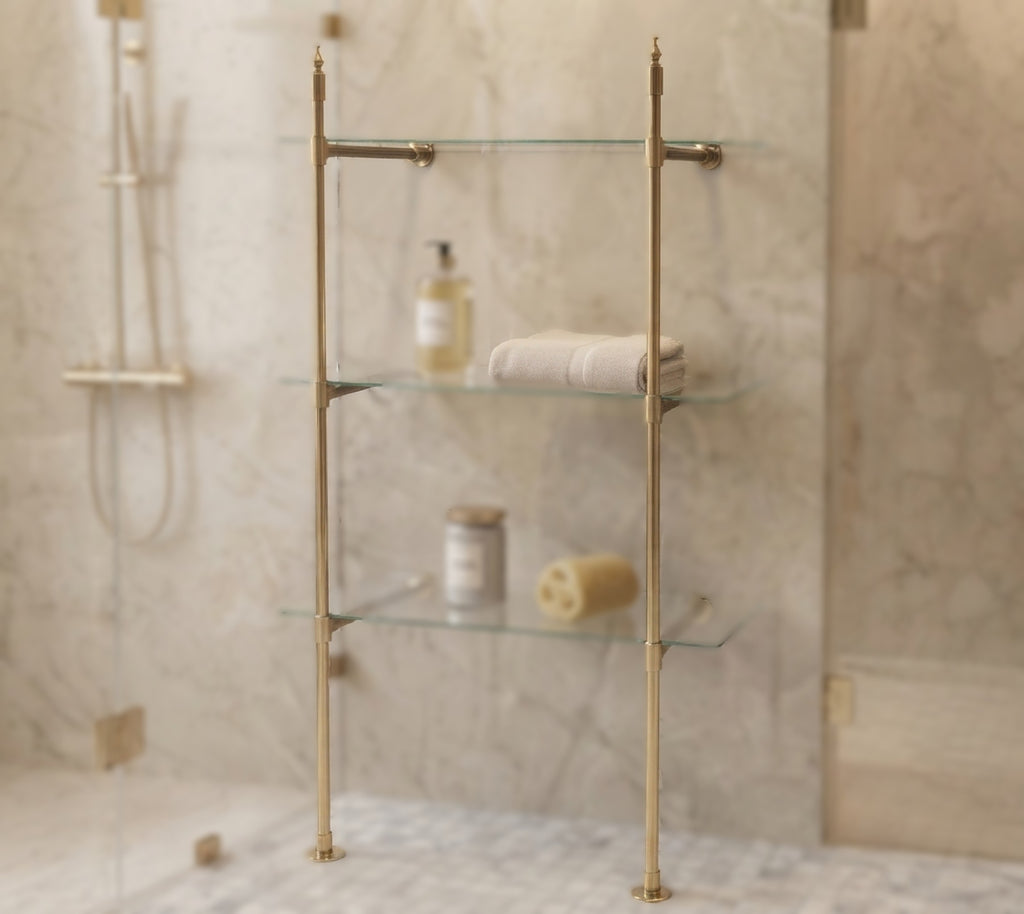 Solid Brass Shelf with Glass Shelves | 3-Tier Floor-Mounted Storage Rack