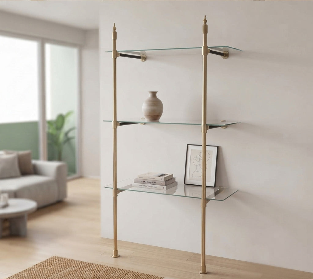 Solid Brass Shelf with Glass Shelves | 3-Tier Floor-Mounted Storage Rack