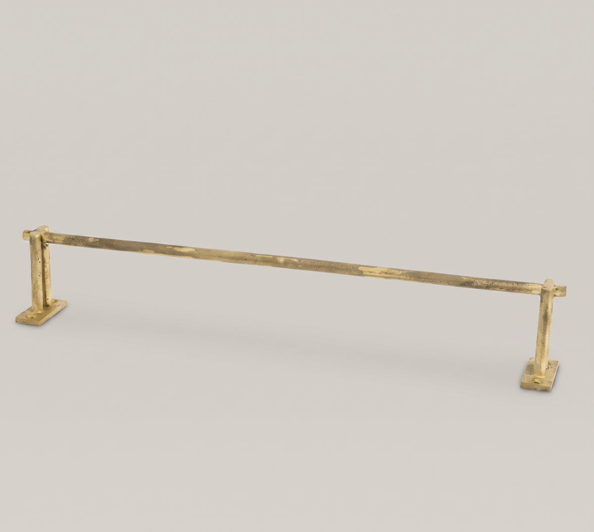 Solid brass square-bracket towel bar, unlacquered finish that ages to a patina