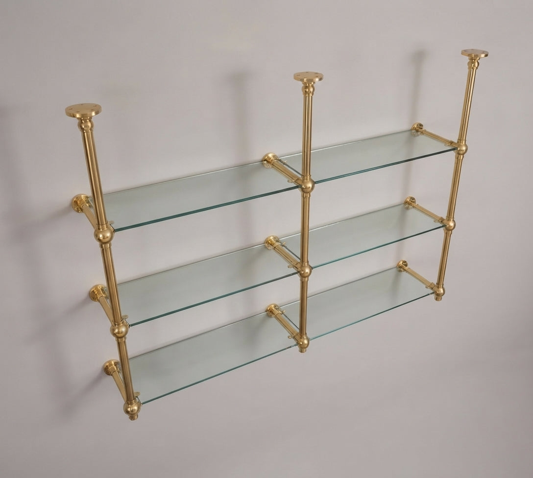Solid Brass Bathroom Shelf with Glass Shelves, French Bistro, Two-Column Design