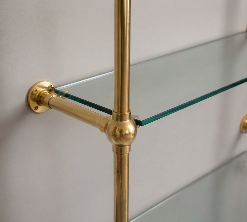 Solid Brass Bathroom Shelf with Glass Shelves, French Bistro, Two-Column Design