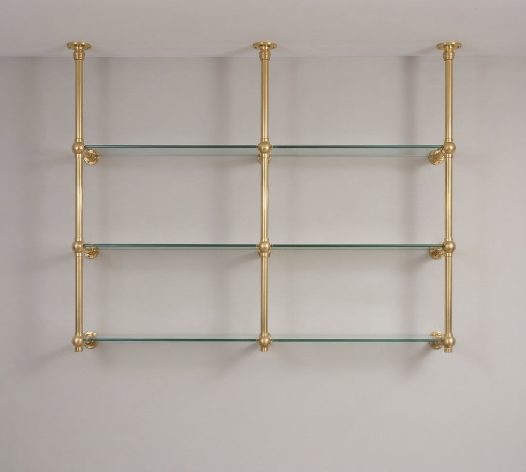 Solid Brass Bathroom Shelf with Glass Shelves, French Bistro, Two-Column Design