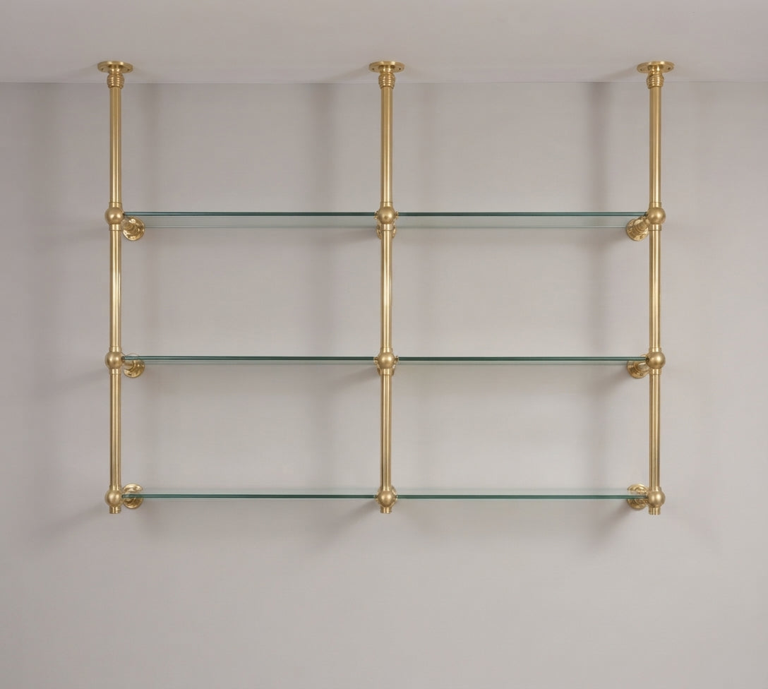Solid Brass Bathroom Shelf with Glass Shelves, French Bistro, Two-Column Design