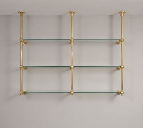 Solid Brass Bathroom Shelf with Glass Shelves, French Bistro, Two-Column Design