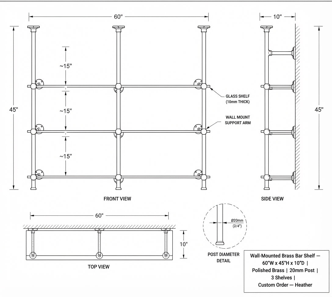 Solid Brass Bathroom Shelf with Glass Shelves, French Bistro, Two-Column Design