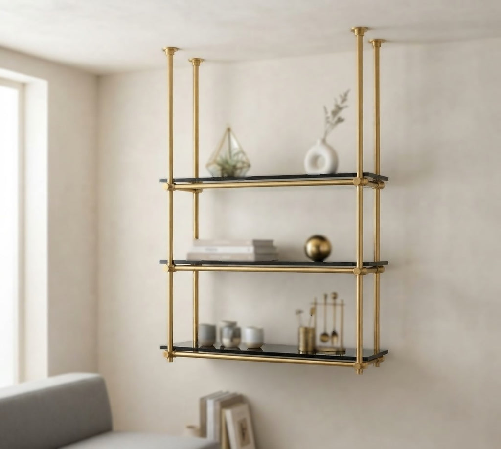 Solid Brass Bathroom Shelf with Glass Shelves, 3-Tier Wall Mounted Storage French Bistro