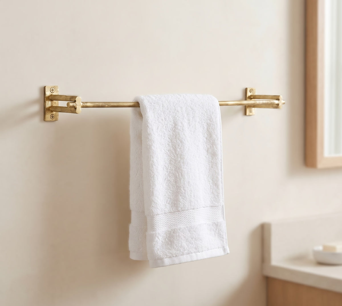 Unlacquered solid brass towel bar with square brackets, wall-mounted bathroom towel holder