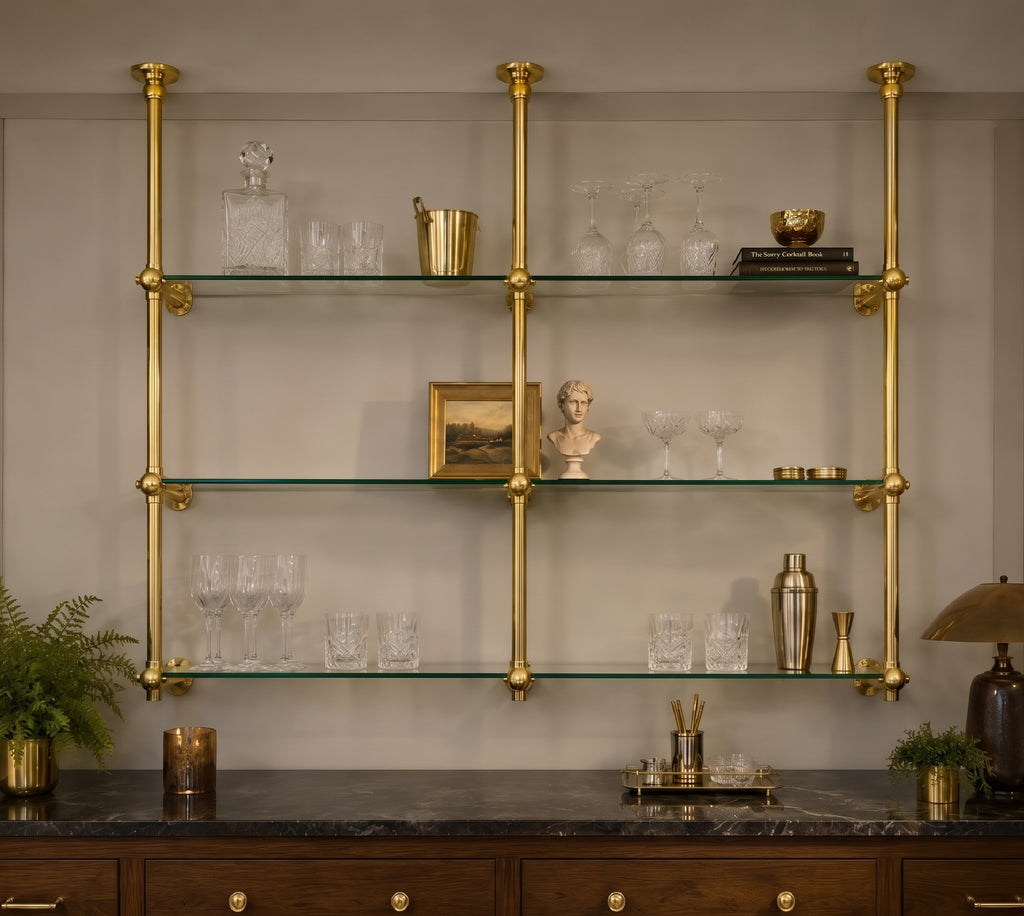 Solid Brass Bathroom Shelf with Glass Shelves, French Bistro, Two-Column Design