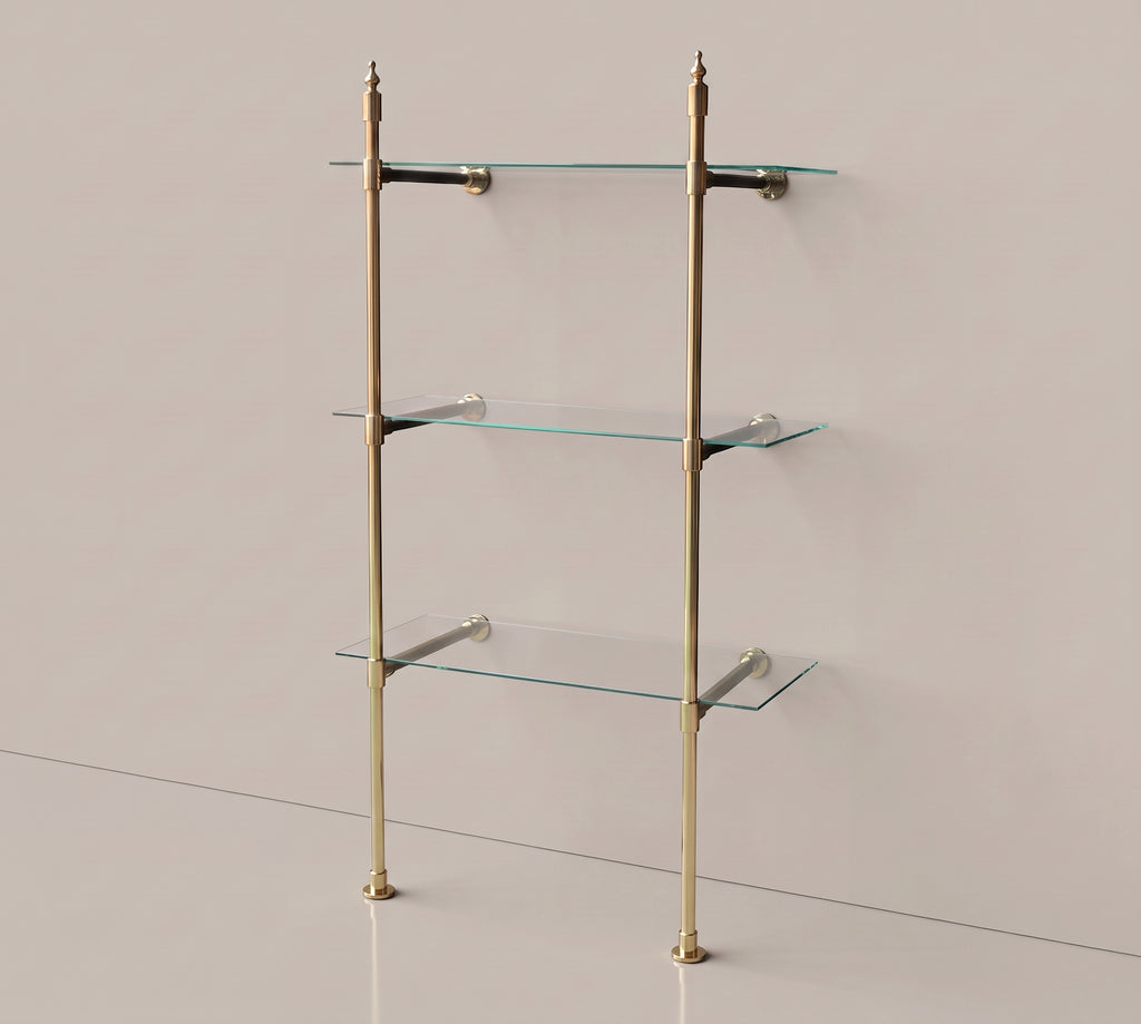 Solid Brass Shelf with Glass Shelves | 3-Tier Floor-Mounted Storage Rack