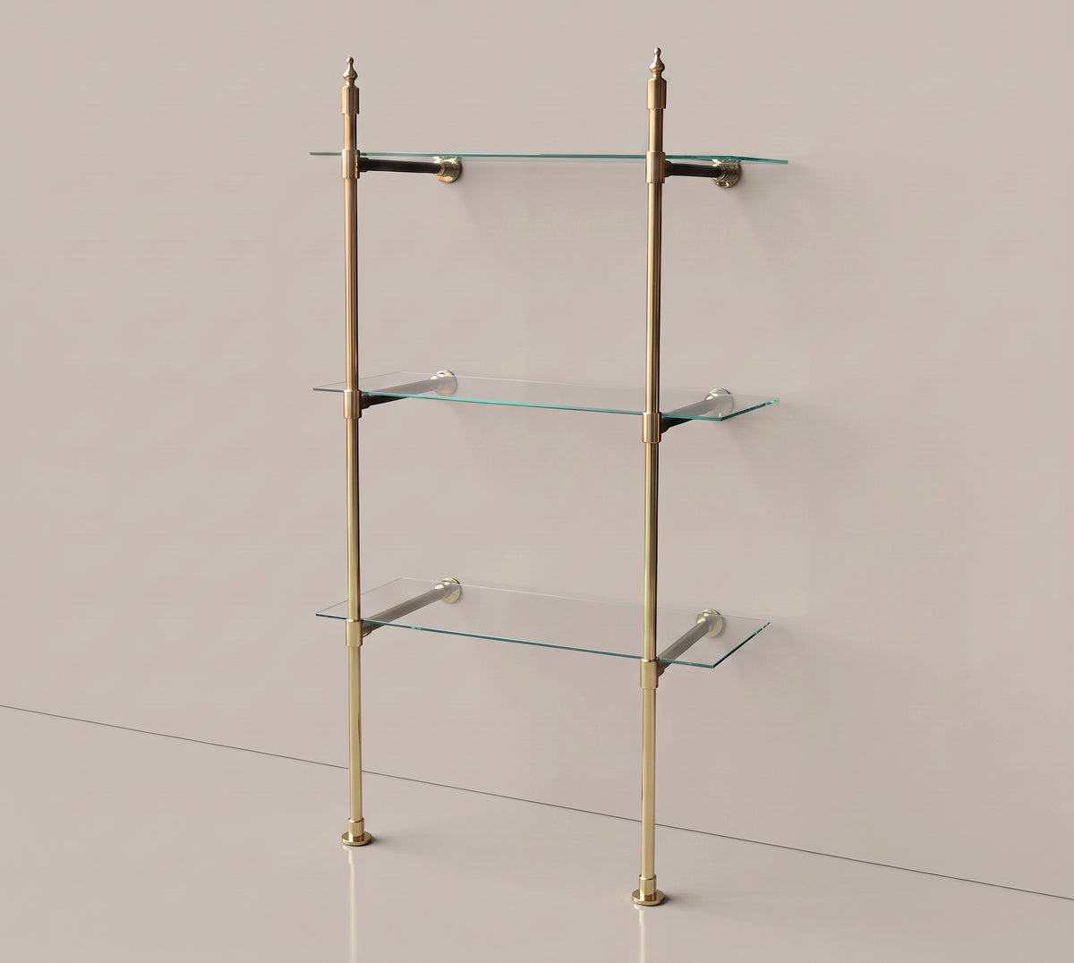 Solid Brass Shelf with Glass Shelves | 3-Tier Floor-Mounted Storage Rack