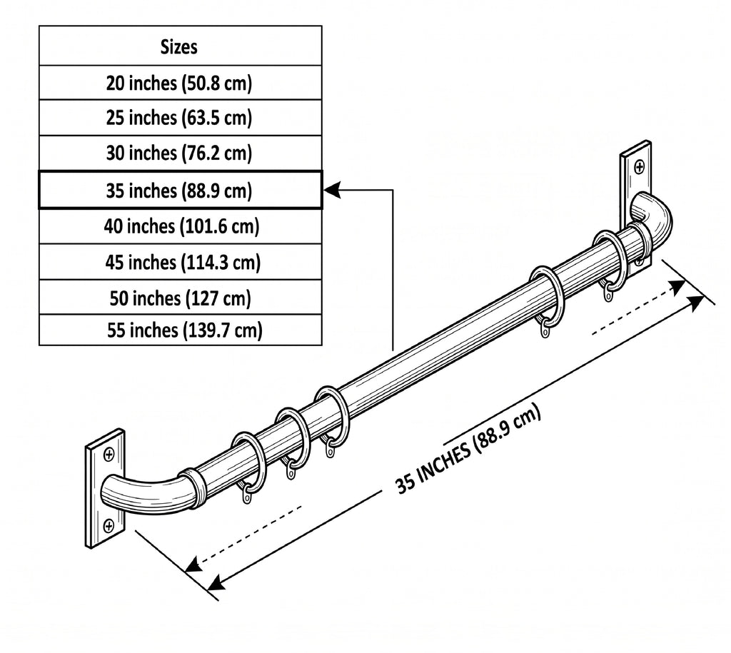 Dimension drawing of the wraparound curtain rod with rings, in sizes from 20 to 55 in