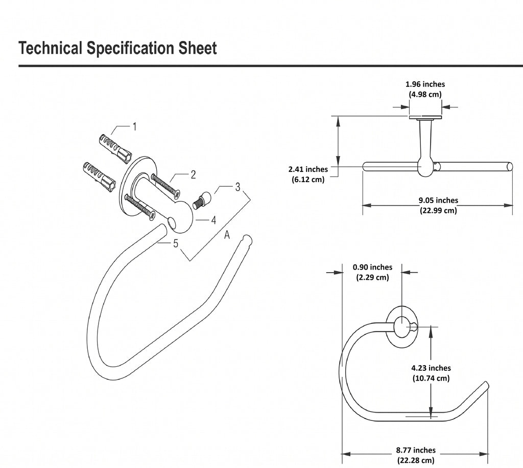 Technical drawing of the open brass toilet paper holder with mounting screws and dimensions