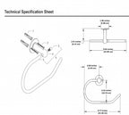 Technical drawing of the open brass toilet paper holder with mounting screws and dimensions
