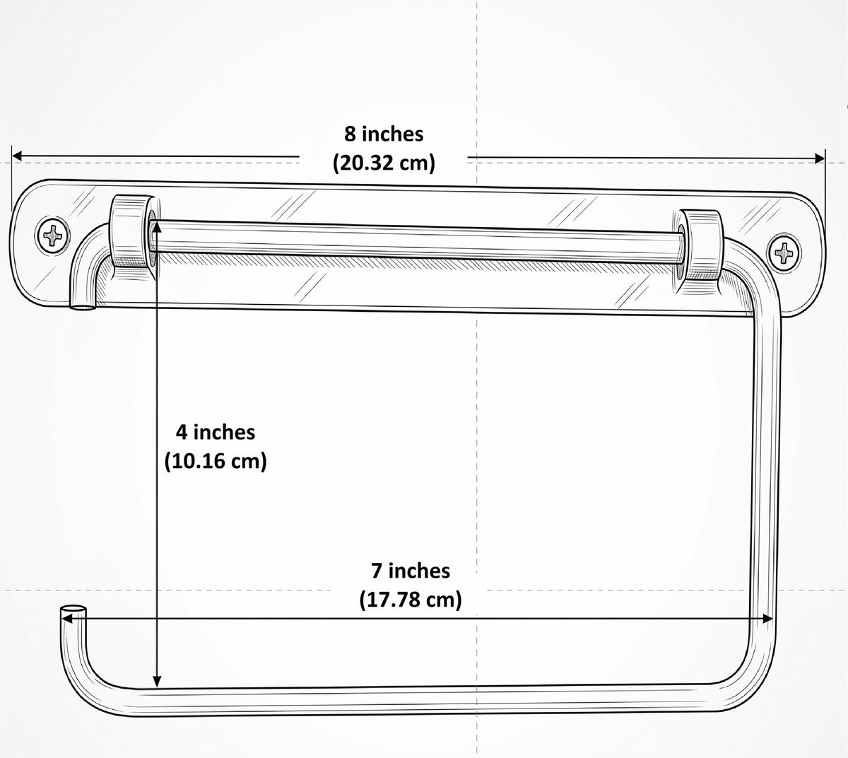 Dimension drawing of the swing-arm toilet paper holder: 8 in backplate, 7 in arm, 4 in drop