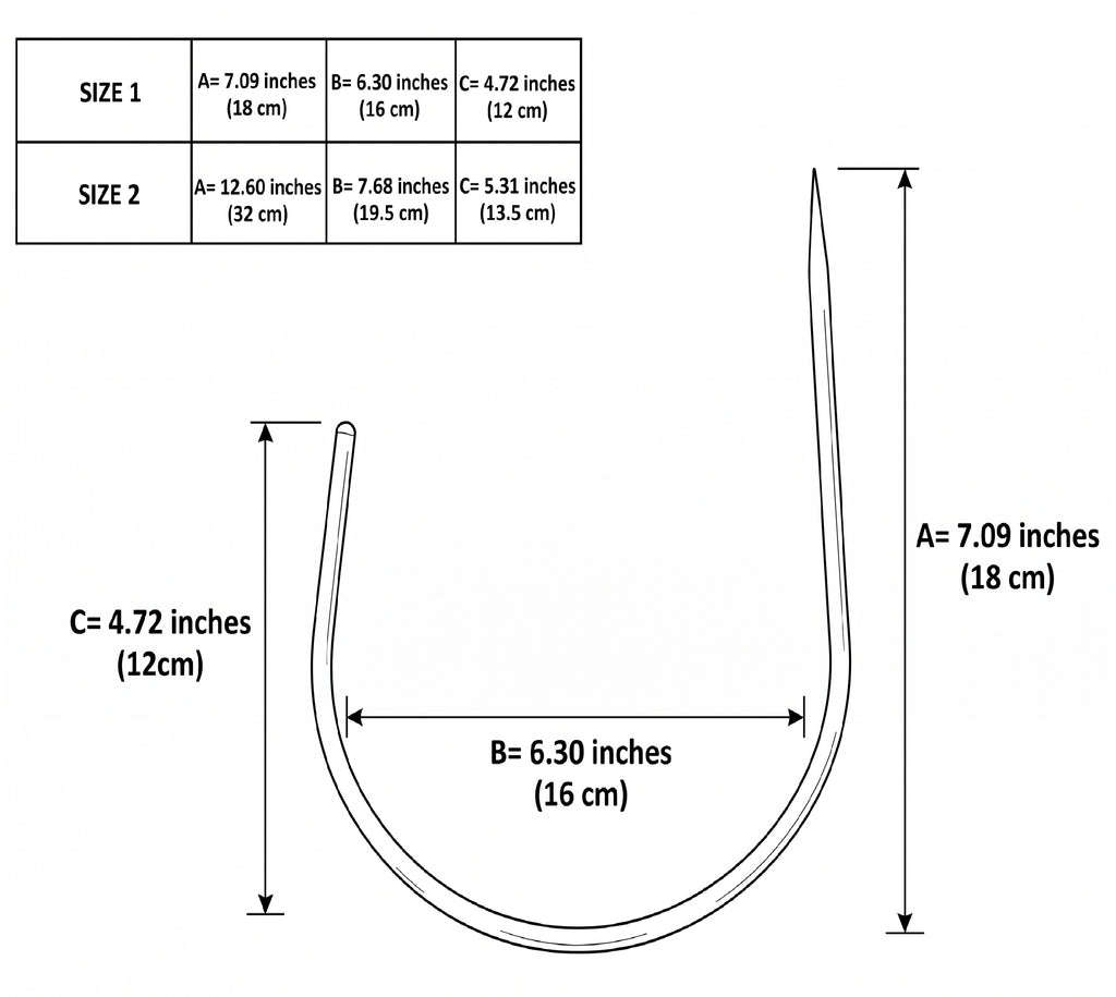 Dimension drawing of the crescent curtain holdback in two sizes, about 7 in and 12.6 in tall
