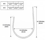 Dimension drawing of the crescent curtain holdback in two sizes, about 7 in and 12.6 in tall
