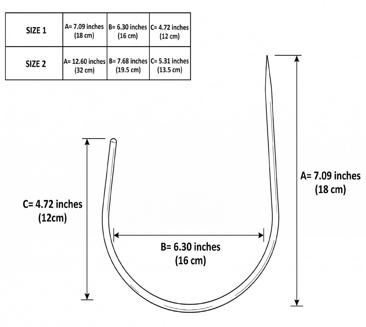 Dimension drawing of the crescent curtain holdback in two sizes, about 7 in and 12.6 in tall