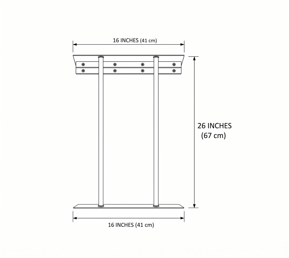 Dimension drawing of the rolled towel wall rack: 16 in wide, 26 in high
