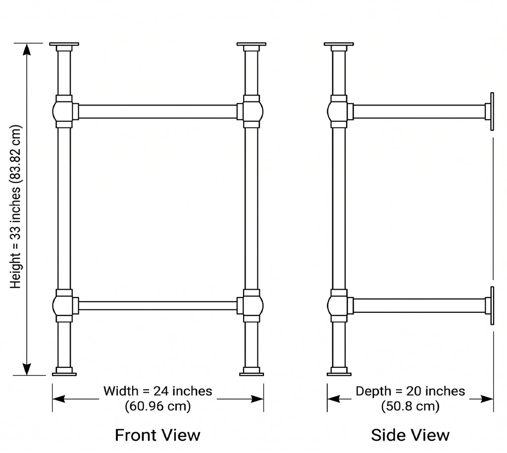 Dimension drawing of the brass console sink legs: 24 in wide, 33 in high, 20 in deep