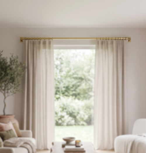 Solid Brass Curtain Rod with Rings, Wall Mounted Drapery Rod, Brass Curtain Hardware