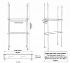 Dimension drawing of the four-post étagère: 34 in wide, 54 in high, about 9 in deep glass
