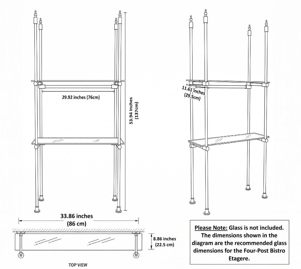 Dimension drawing of the four-post étagère: 34 in wide, 54 in high, about 9 in deep glass