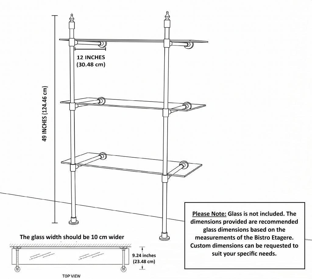 Dimension drawing of the two-post shelf: 49 in high, 12 in wall arms, about 9 in deep glass