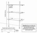 Dimension drawing of the two-post shelf: 49 in high, 12 in wall arms, about 9 in deep glass
