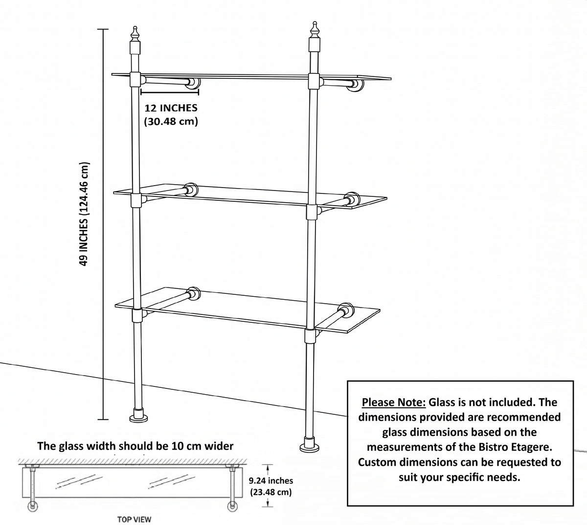 Dimension drawing of the two-post shelf: 49 in high, 12 in wall arms, about 9 in deep glass