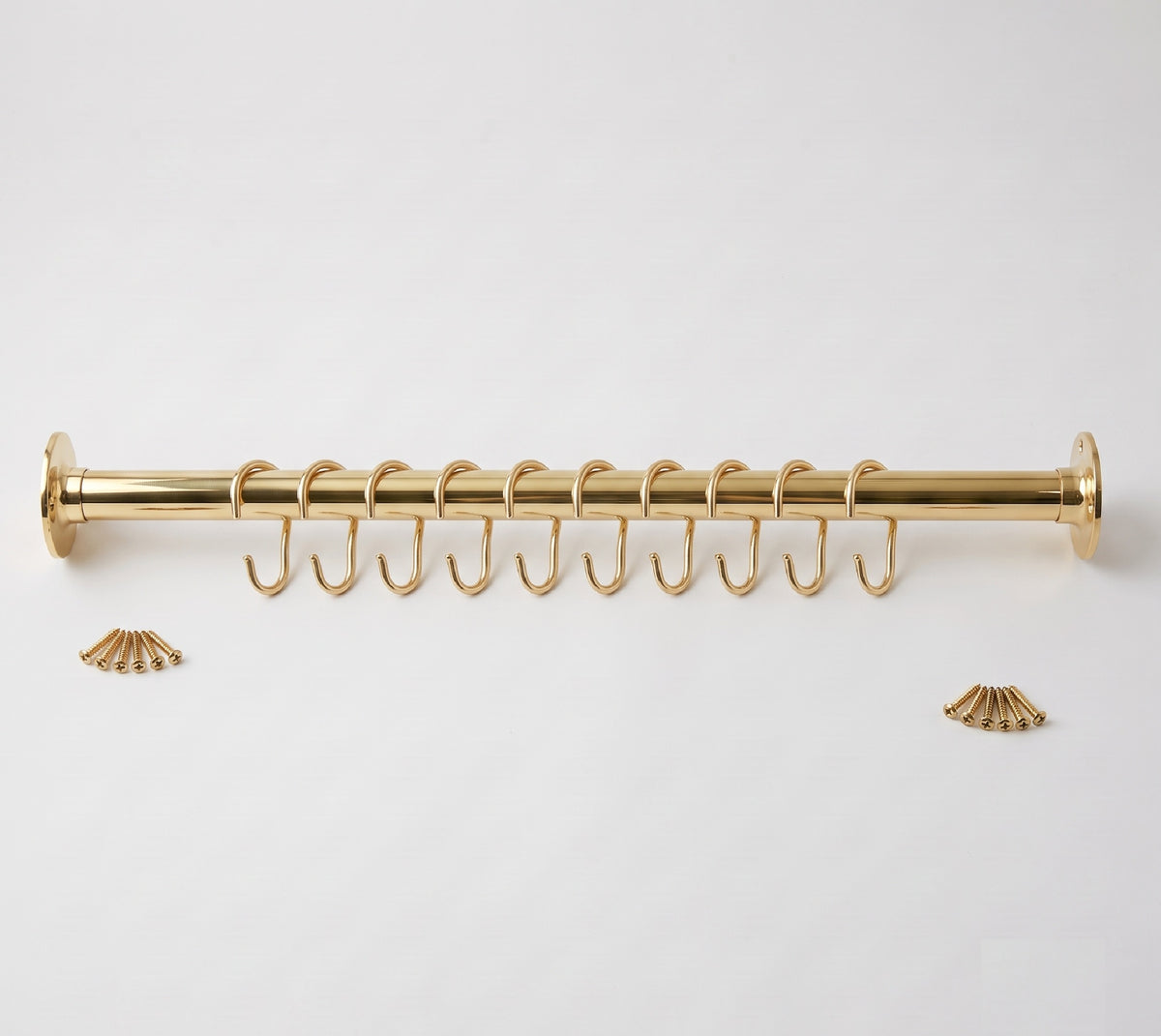 Wall-to-wall brass shower rod with ten curtain hooks, two end flanges and mounting screws