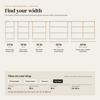 Size guide for the ceiling-hung bistro shelf: five widths from 24 to 60 in drawn to scale, and how to work out the drop